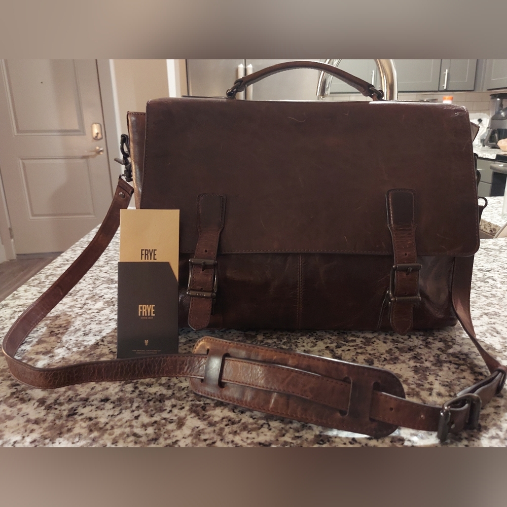 Frye Leather Briefcase W/ Detachable Adjustable Long Strap And Dust Bag- Brown